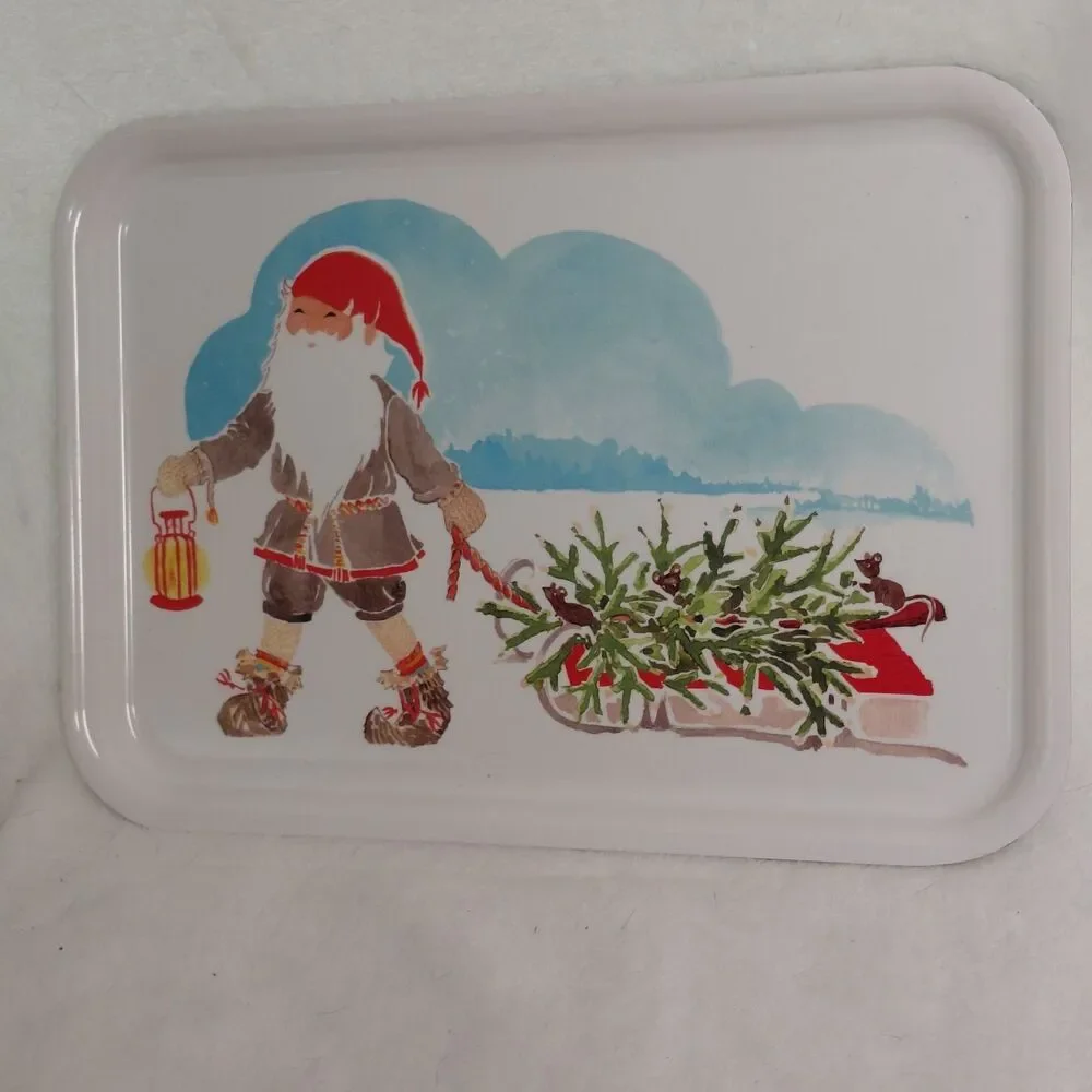 IKEA Christmas Serving Tray Gnome Tomte Pulling Sled with Tree Melamine 8x11